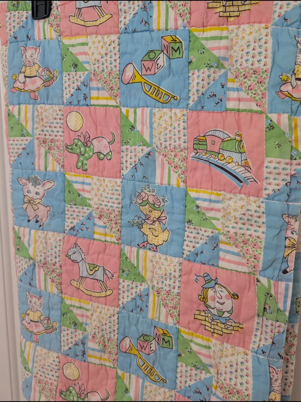Vintage Baby Nursery Quilt 31x45 Pink Patchwork Storybook Animals Blanket